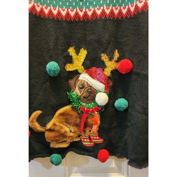 Womens Black Santa Claus Puppy Dog  Holiday Christmas Sweater - Picture 2 of 6